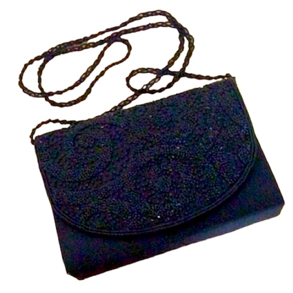 🌞 La Regale vtg formal shoulder bag snap closure black shiny bling beaded